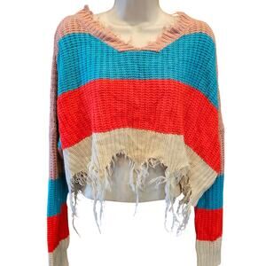 Small raglan knit bright oversized cropped poncho long sleeve rasta boho hippie